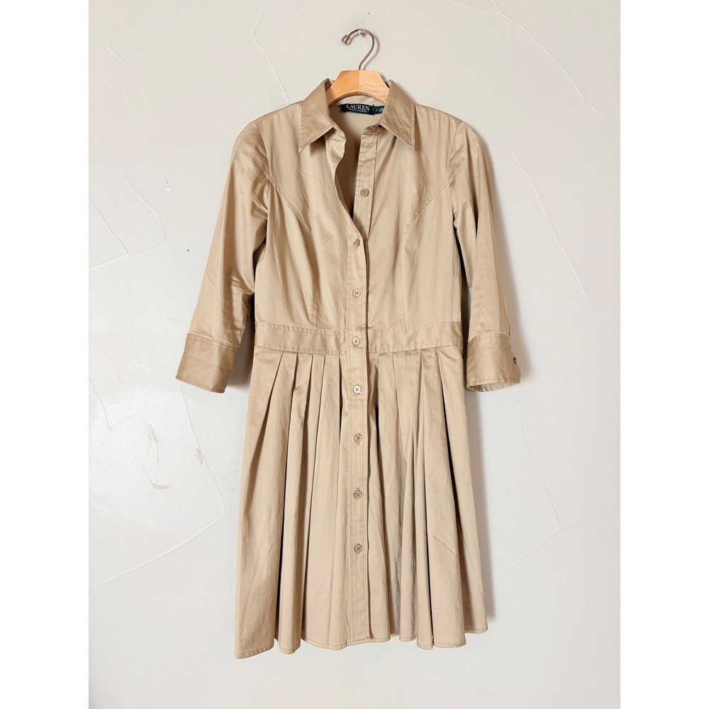 Lauren Ralph Lauren Tan Cotton Pleated Shirt Dress 3/4 Sleeve Khaki Size 2